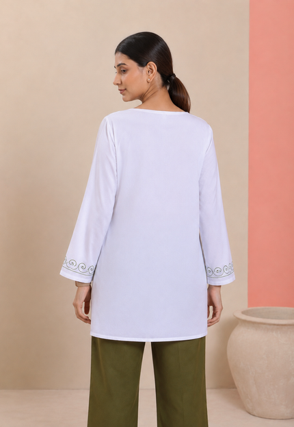 Qazmi Women Aari Embroidered Viscose Rayon A-Line Short Kurti with Full Sleeves