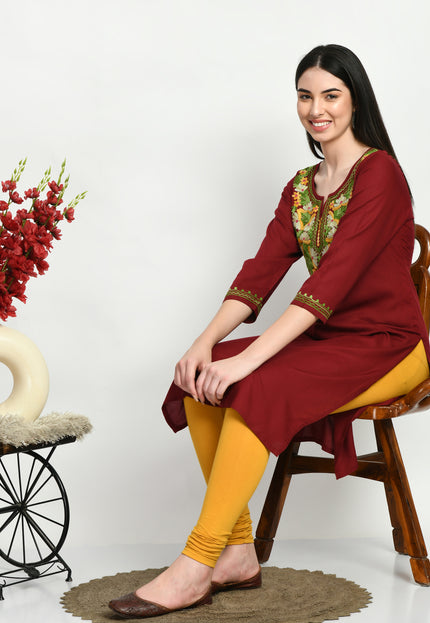 Maroon Multi Aari Long Kurti For Women
