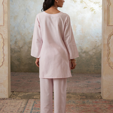 Qazmi Women's Mehreen Kashmiri Aari Work Pearl Studded Cotton Linen CoOrd