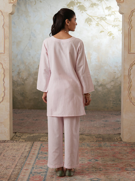 Qazmi Women's Mehreen Kashmiri Aari Work Pearl Studded Cotton Linen CoOrd