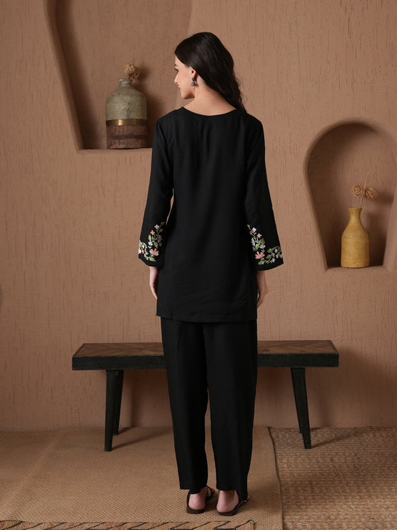 Qazmi Women's Aari Work V-Neck Black CoOrd Set