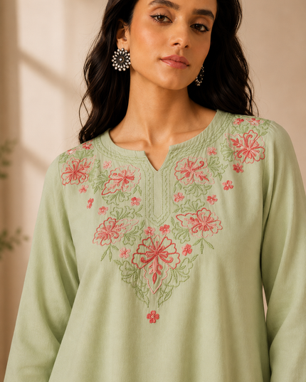 Qazmi Women's Kashmiri A-Line Light Pink Kurti