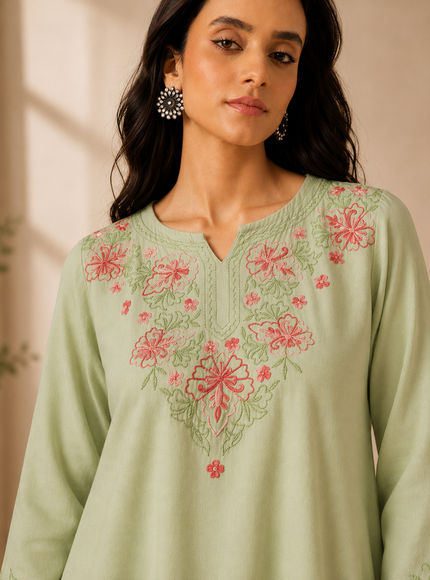 Qazmi Women's Kashmiri A-Line Light Pink Kurti