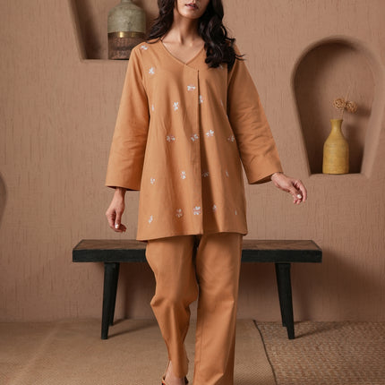 Qazmi Women's Cotton Linen Kashmiri Aari Work CoOrd Set