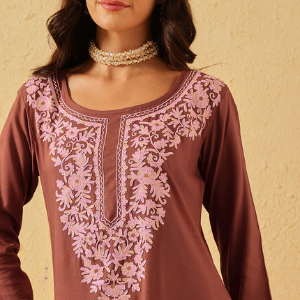 Qazmi Women's Firdousi Kashmiri Aari Work Brown Straight Kurta