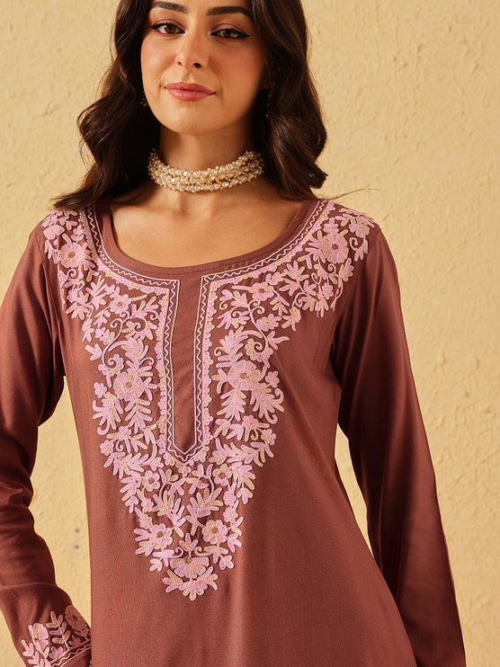 Qazmi Women's Firdousi Kashmiri Aari Work Brown Straight Kurta