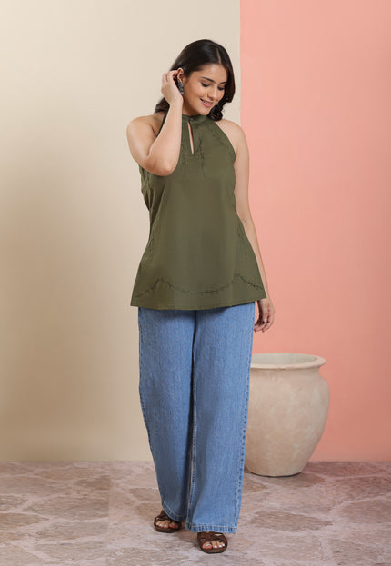 Qazmi Women Aari Embroidered Pure Cotton  Halter Neck Short Kurti