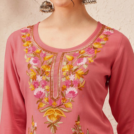 Qazmi Women's Sahar Kashmiri Aari Work Straight Kurta