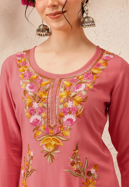 Qazmi Women's Sahar Kashmiri Aari Work Straight Kurta