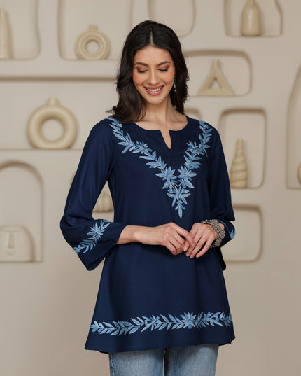 Qazmi Women Kashmiri Aari Embroidered Viscose Rayon A-Line Short Kurti with Bell Sleeves