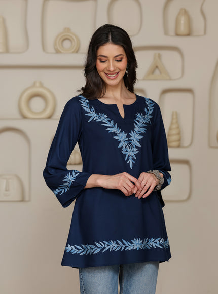 Qazmi Women Kashmiri Aari Embroidered Viscose Rayon A-Line Short Kurti with Bell Sleeves