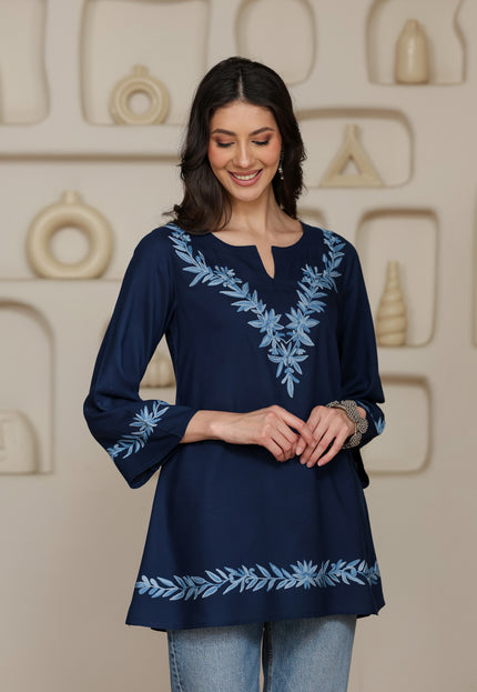 Qazmi Women Kashmiri Aari Embroidered Viscose Rayon A-Line Short Kurti with Bell Sleeves