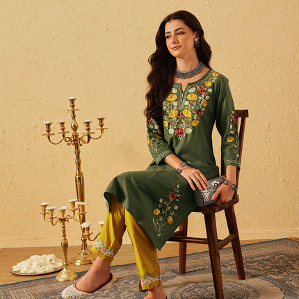 Qazmi Women's Zaynab Kashmiri Aari Work Cotton Linen Olive Green Kurta