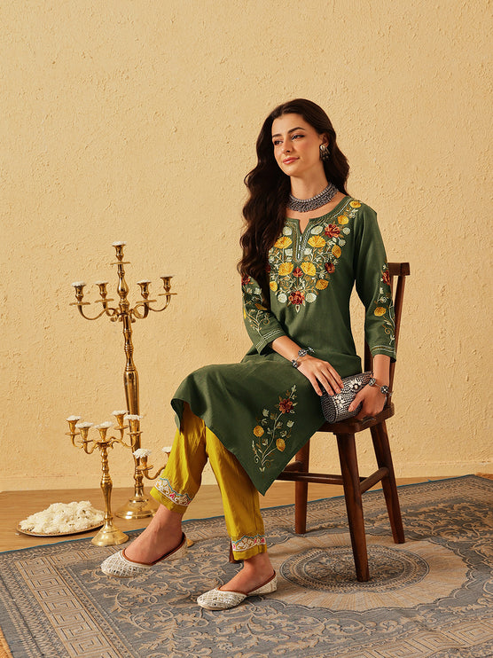 Qazmi Women's Zaynab Kashmiri Aari Work Cotton Linen Olive Green Kurta