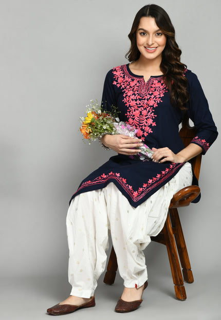 Blue Pink Aari Long Kurti For Women
