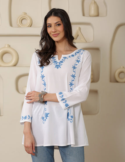 Qazmi Women Kashmiri Aari Embroidered A-Line Viscose Rayon Short Kurti with Full Sleeves