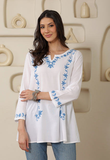Qazmi Women Kashmiri Aari Embroidered A-Line Viscose Rayon Short Kurti with Full Sleeves