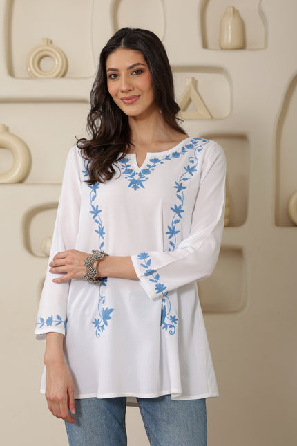 Qazmi Women Kashmiri Aari Embroidered A-Line Viscose Rayon Short Kurti with Full Sleeves