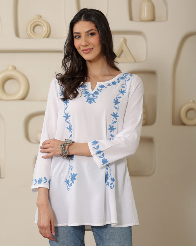 Qazmi Women Kashmiri Aari Embroidered A-Line Viscose Rayon Short Kurti with Full Sleeves