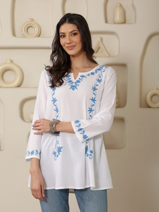 Qazmi Women Kashmiri Aari Embroidered A-Line Viscose Rayon Short Kurti with Full Sleeves