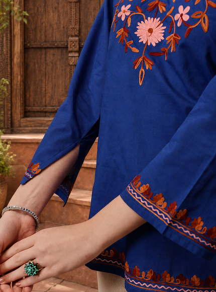 Qazmi Women's Nafisa Kashmiri Aari Work V-Neck Blue Kurti