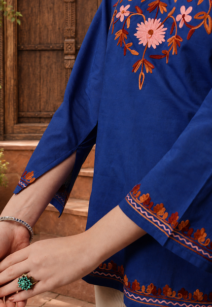 Qazmi Women's Nafisa Kashmiri Aari Work V-Neck Blue Kurti