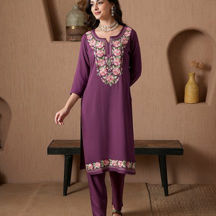 Qazmi Women's Mysa Kashmiri Aari Work Dark Wine Kurta Set