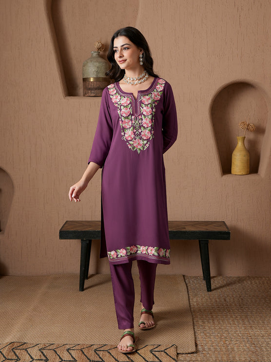 Qazmi Women's Mysa Kashmiri Aari Work Dark Wine Kurta Set