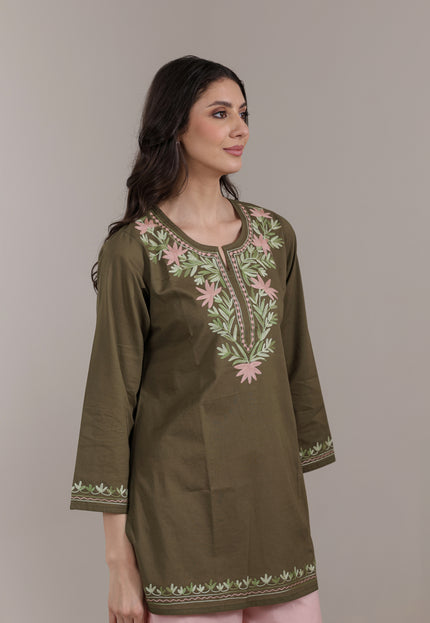 Qazmi Women Aari Embroidered Pure Cotton Short Kurta with Full Sleeves