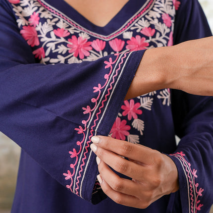 Qazmi Women's Kashmiri Aari Work Navy Blue CoOrd Set