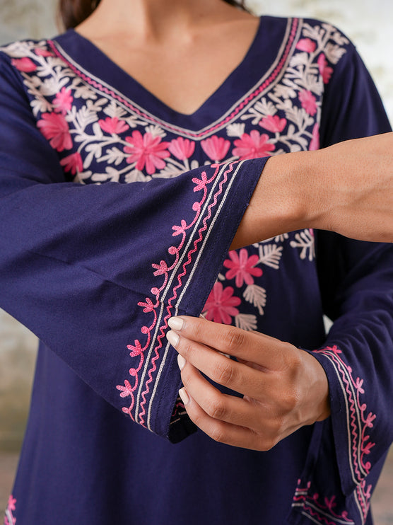 Qazmi Women's Kashmiri Aari Work Navy Blue CoOrd Set