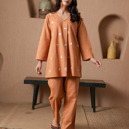 Qazmi Women's Cotton Linen Kashmiri Aari Work CoOrd Set