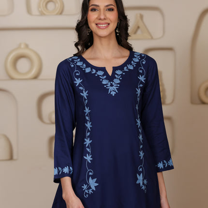 Qazmi Women Kashmiri Aari Embroidered A-Line Viscose Rayon Short Kurti with Full Sleeves