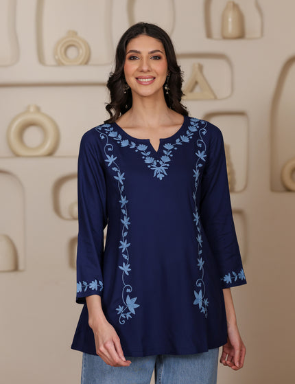Qazmi Women Kashmiri Aari Embroidered A-Line Viscose Rayon Short Kurti with Full Sleeves