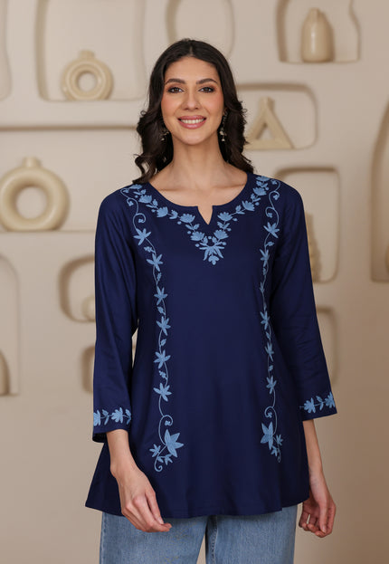 Qazmi Women Kashmiri Aari Embroidered A-Line Viscose Rayon Short Kurti with Full Sleeves