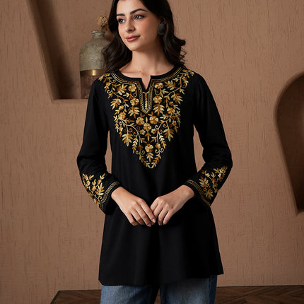 Qazmi Women's Kashmiri A-Line Full Sleeves Viscose Rayon Black Flared Short Kurti