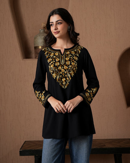 Qazmi Women's Kashmiri A-Line Full Sleeves Viscose Rayon Black Flared Short Kurti