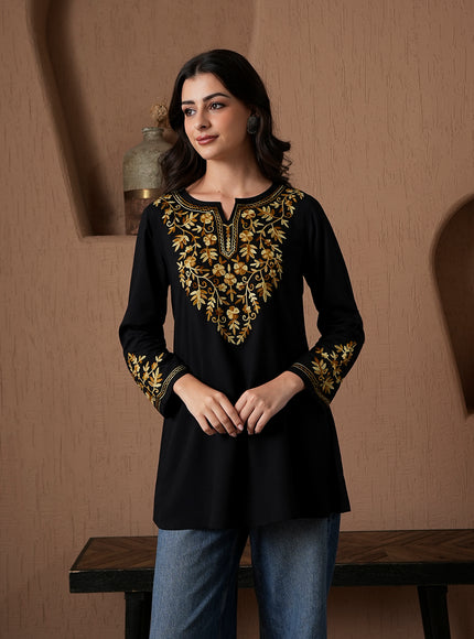 Qazmi Women's Kashmiri A-Line Full Sleeves Viscose Rayon Black Flared Short Kurti