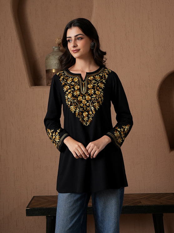 Qazmi Women's Kashmiri A-Line Full Sleeves Viscose Rayon Black Flared Short Kurti