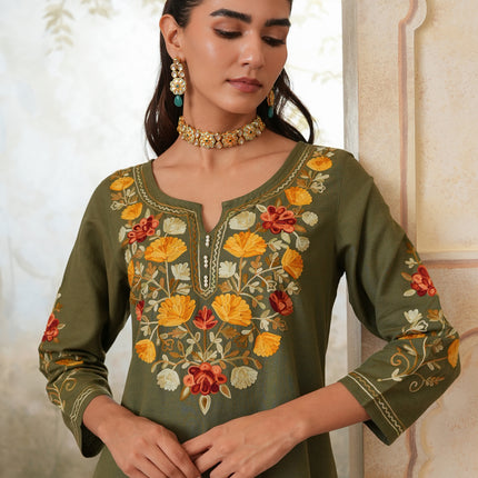 Qazmi Women's Zaynab Kashmiri Aari Work Cotton Linen Olive Green Kurta