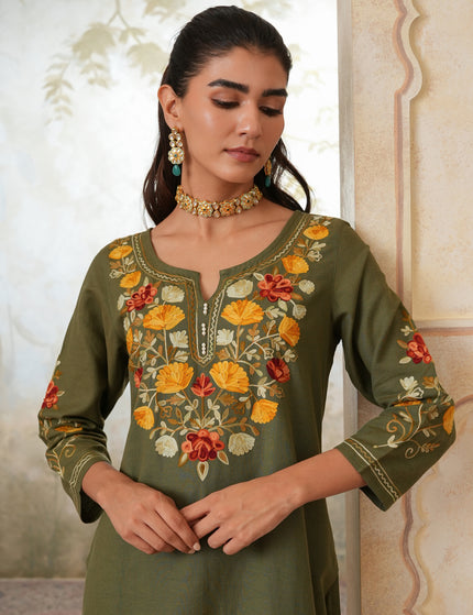 Qazmi Women's Zaynab Kashmiri Aari Work Cotton Linen Olive Green Kurta