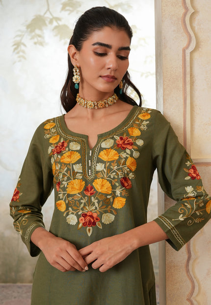 Qazmi Women's Zaynab Kashmiri Aari Work Cotton Linen Olive Green Kurta