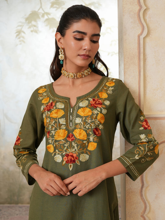 Qazmi Women's Zaynab Kashmiri Aari Work Cotton Linen Olive Green Kurta