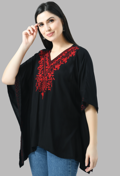 Qazmi  V-Neck Flared Sleeves Aari Work Kaftan Kurti