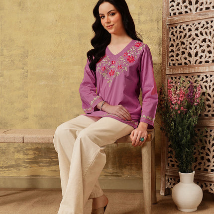Qazmi Women's Nafisa Kashmiri Aari Work V-Neck Blue Kurti