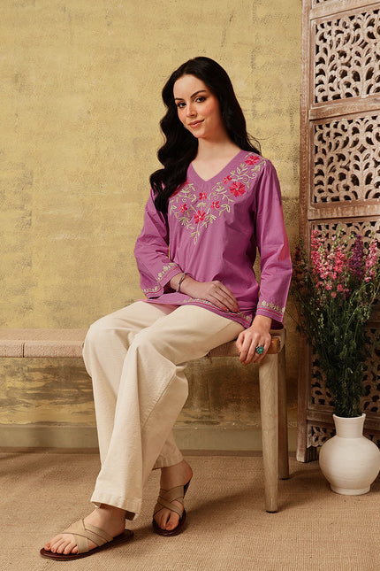 Qazmi Women's Nafisa Kashmiri Aari Work V-Neck Blue Kurti