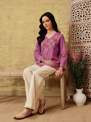 Qazmi Women's Nafisa Kashmiri Aari Work V-Neck Blue Kurti