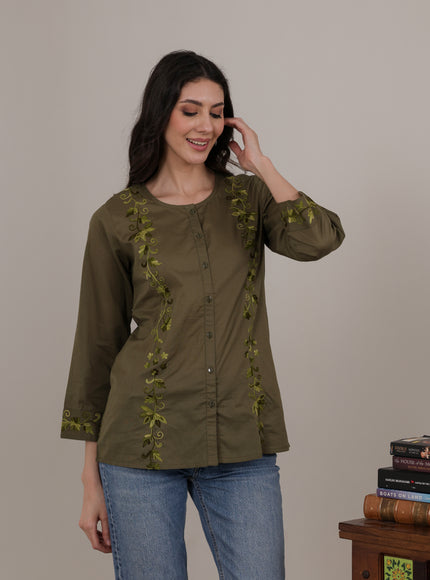 Qazmi Women Aari Embroidered Pure Cotton Mandarin Collar Top