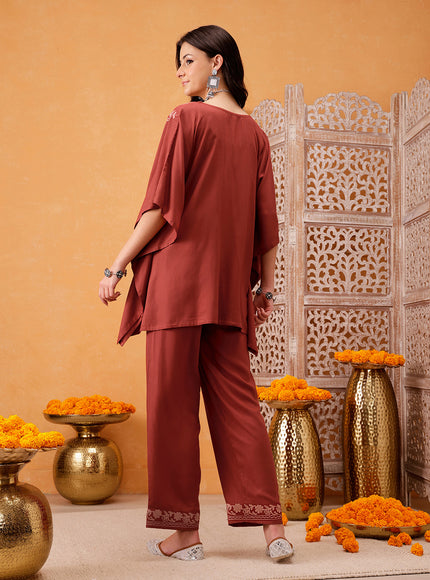 Qazmi Shahira Kashmiri Aari Work Orange Kaftan CoOrd Set