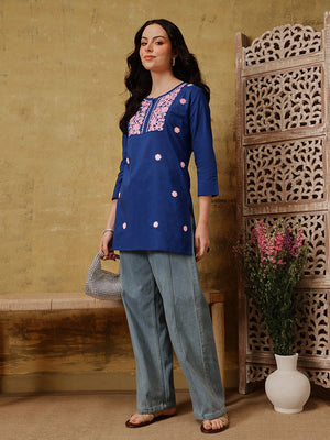 Qazmi Women's Pure Cotton Kashmiri Aari Work White Kurti